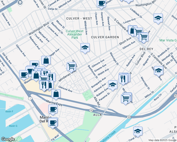 map of restaurants, bars, coffee shops, grocery stores, and more near 12920 Greene Avenue in Los Angeles