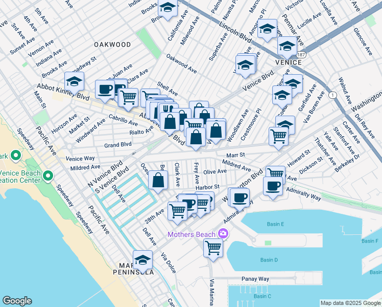 map of restaurants, bars, coffee shops, grocery stores, and more near 2322 Clement Avenue in Los Angeles