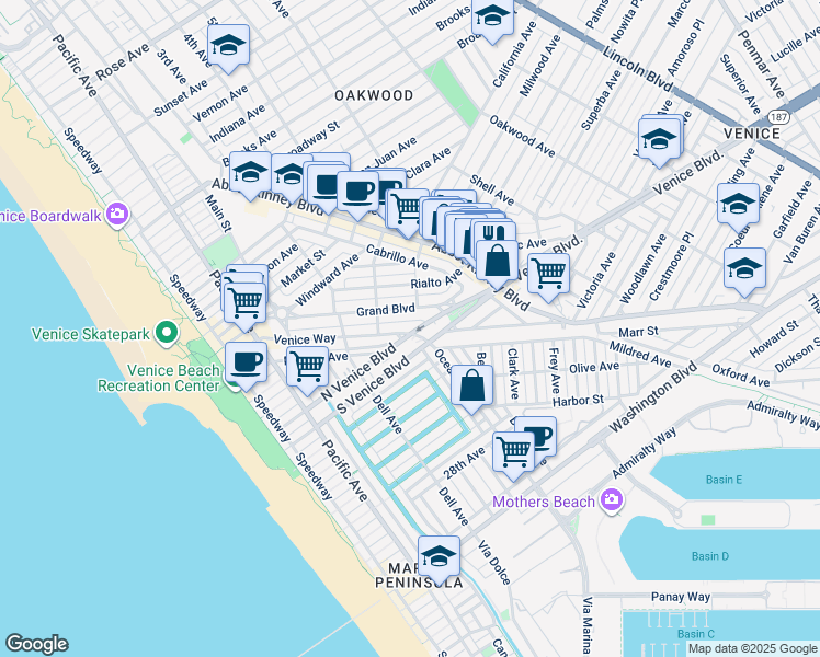 map of restaurants, bars, coffee shops, grocery stores, and more near 2201 Eastern Court in Los Angeles