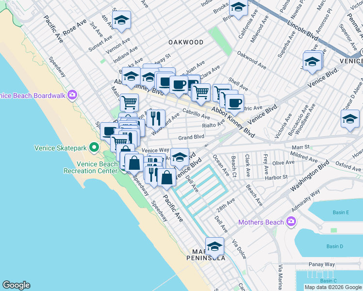 map of restaurants, bars, coffee shops, grocery stores, and more near 334 Venice Way in Los Angeles