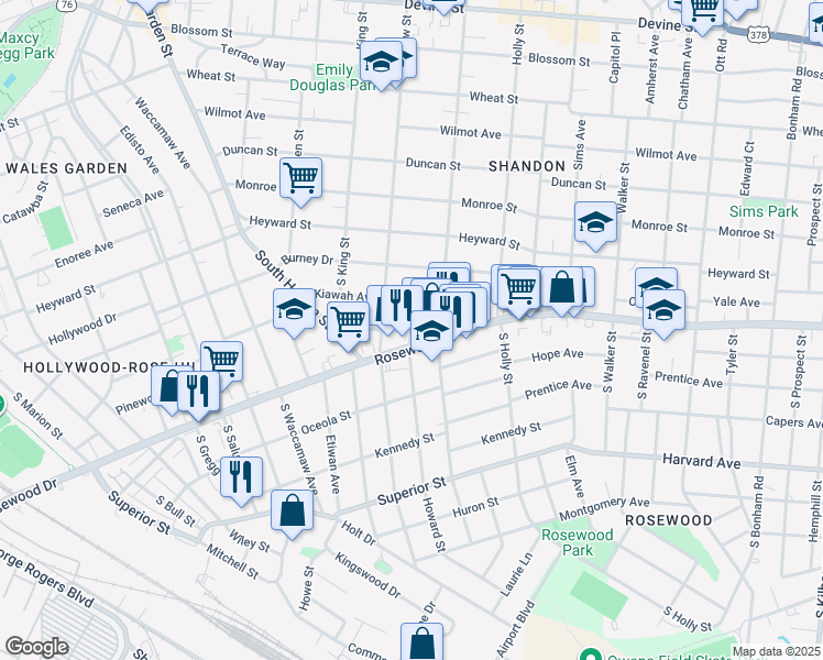 map of restaurants, bars, coffee shops, grocery stores, and more near in Columbia