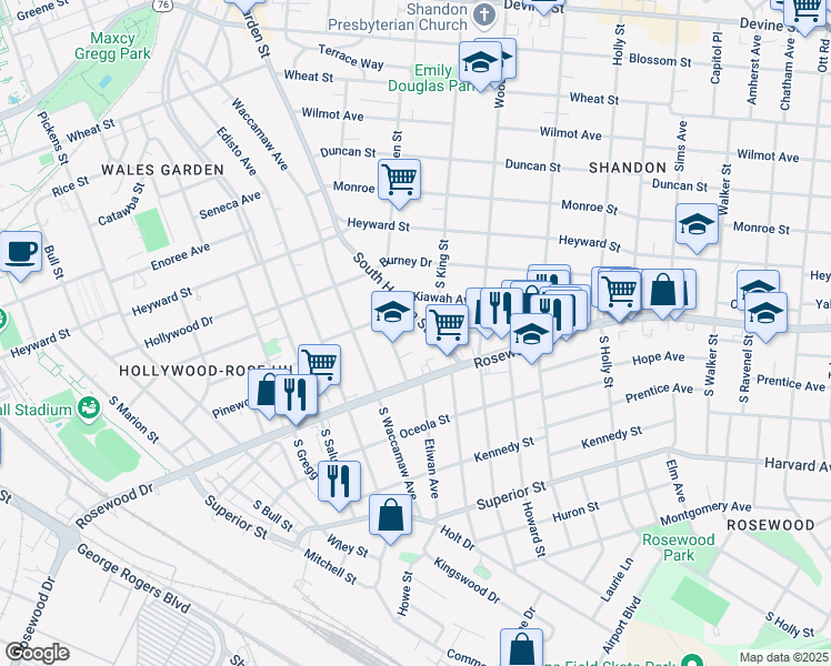 map of restaurants, bars, coffee shops, grocery stores, and more near 334 Etiwan Avenue in Columbia