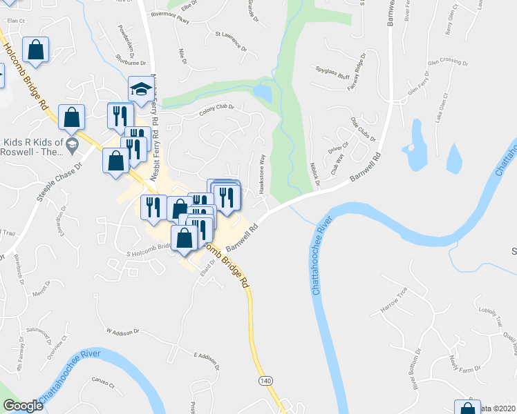 map of restaurants, bars, coffee shops, grocery stores, and more near 218 Saint Andrews Court in Alpharetta