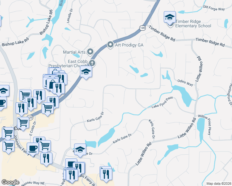 map of restaurants, bars, coffee shops, grocery stores, and more near 1611 Bryn Mawr Circle in Marietta