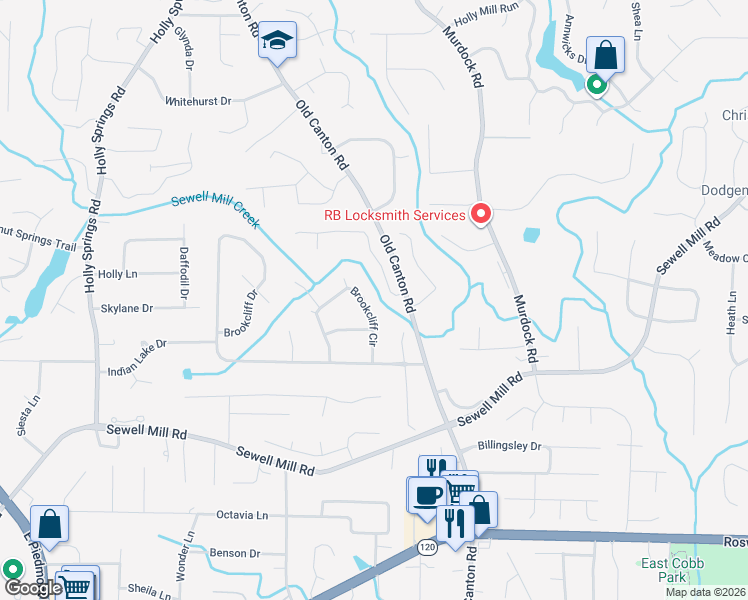 map of restaurants, bars, coffee shops, grocery stores, and more near 1539 Brookcliff Circle in Marietta
