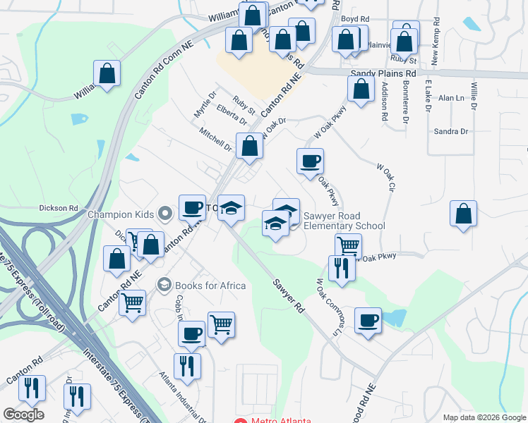 map of restaurants, bars, coffee shops, grocery stores, and more near 782 Prince Avenue in Marietta