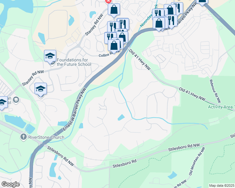 map of restaurants, bars, coffee shops, grocery stores, and more near 1401 Valley Reserve Drive Northwest in Kennesaw