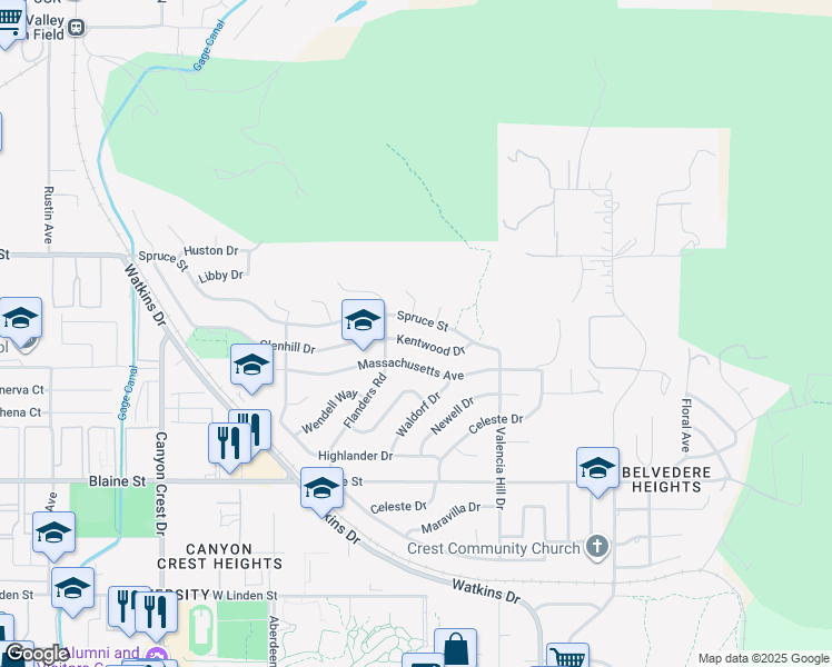 map of restaurants, bars, coffee shops, grocery stores, and more near 455 Glenhill Drive in Riverside
