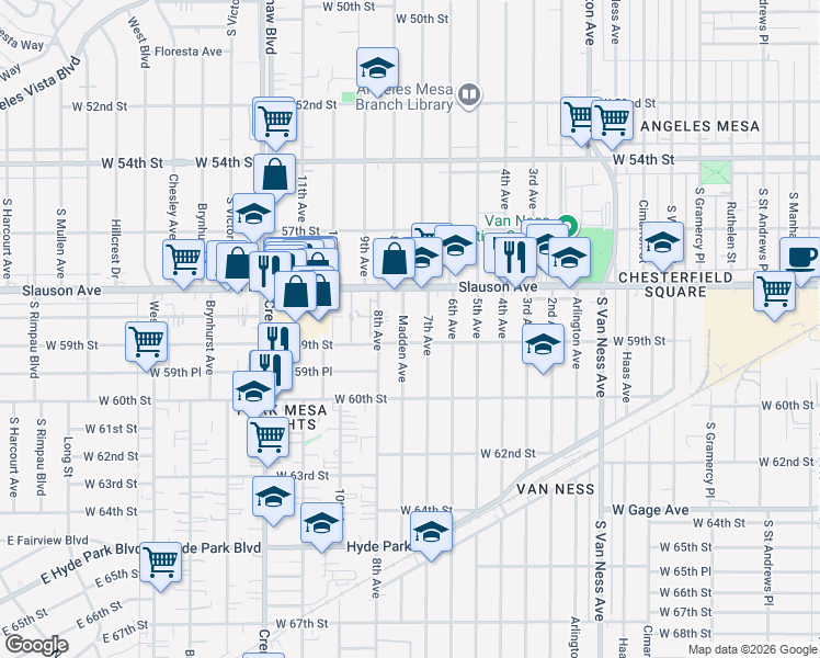 map of restaurants, bars, coffee shops, grocery stores, and more near 5846 Madden Avenue in Los Angeles