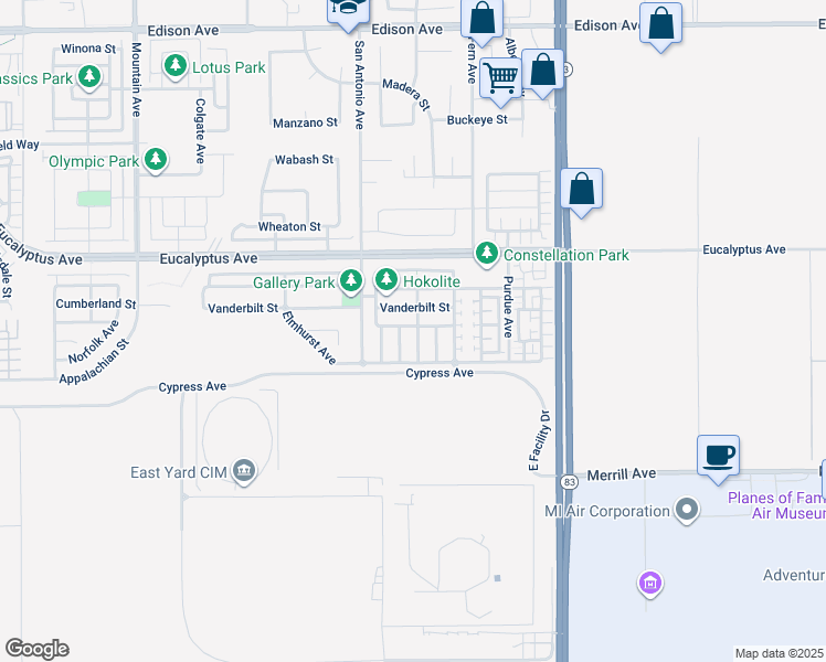 map of restaurants, bars, coffee shops, grocery stores, and more near 14582 Tuskegee Avenue in Chino