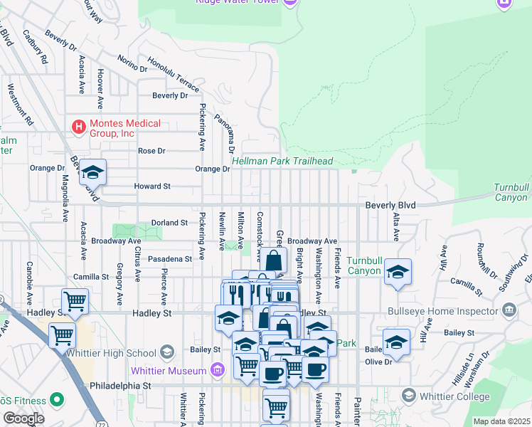 map of restaurants, bars, coffee shops, grocery stores, and more near 6037 Greenleaf Avenue in Whittier