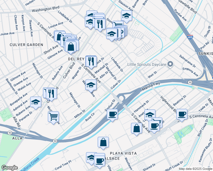 map of restaurants, bars, coffee shops, grocery stores, and more near 4962 South Centinela Avenue in Los Angeles