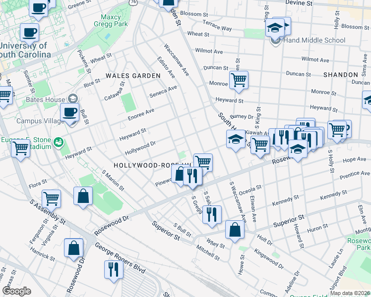 map of restaurants, bars, coffee shops, grocery stores, and more near 215 South Saluda Avenue in Columbia