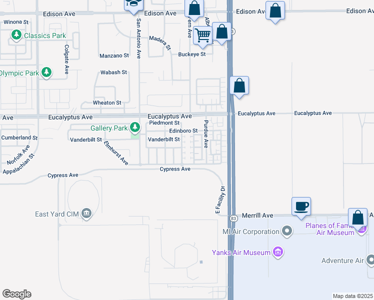 map of restaurants, bars, coffee shops, grocery stores, and more near 14585 Baylor Avenue in Chino