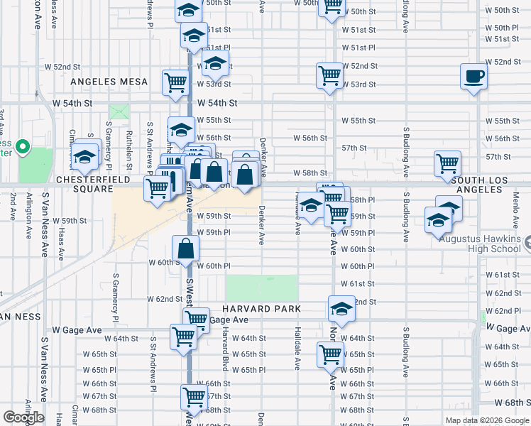 map of restaurants, bars, coffee shops, grocery stores, and more near 1555 West 59th Street in Los Angeles