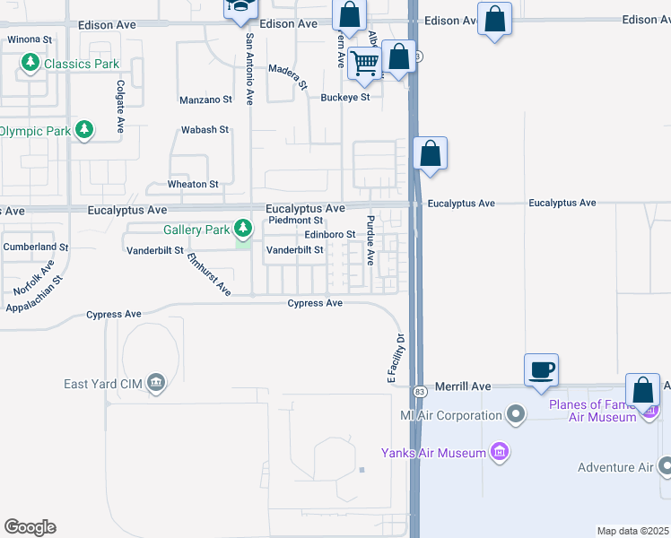 map of restaurants, bars, coffee shops, grocery stores, and more near 14585 Baylor Avenue in Chino