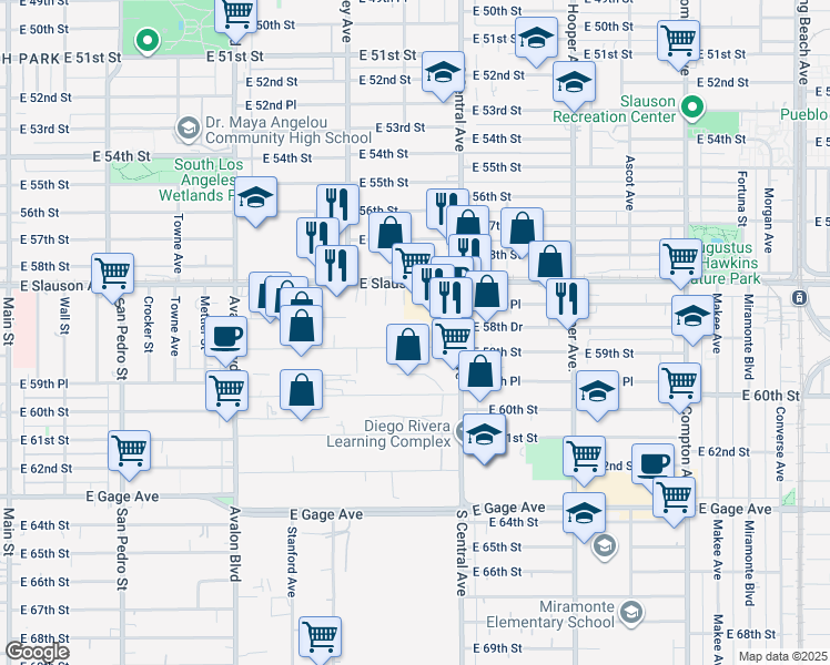 map of restaurants, bars, coffee shops, grocery stores, and more near 914 E 59th St in Los Angeles