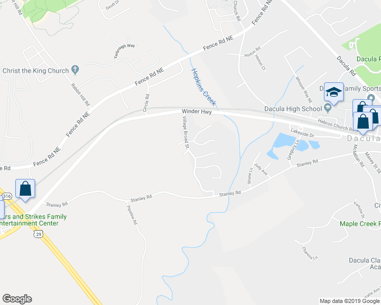 map of restaurants, bars, coffee shops, grocery stores, and more near 270 Village Broad Street in Dacula