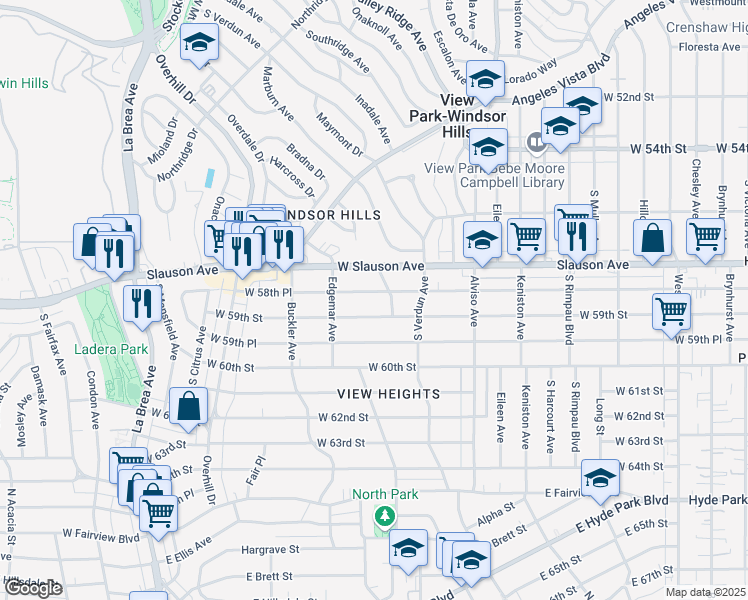 map of restaurants, bars, coffee shops, grocery stores, and more near 4218 West 58th Place in Los Angeles