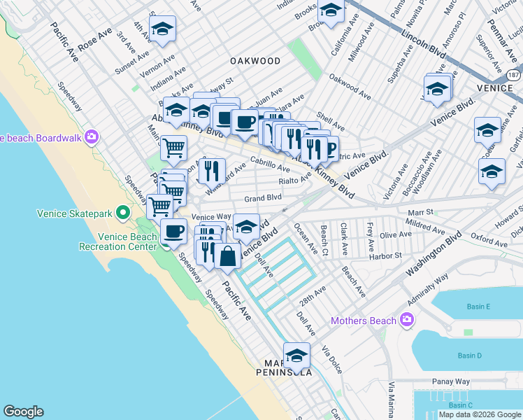 map of restaurants, bars, coffee shops, grocery stores, and more near 501 North Venice Boulevard in Los Angeles