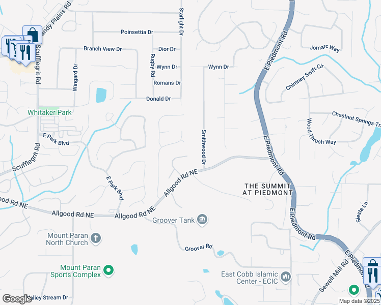 map of restaurants, bars, coffee shops, grocery stores, and more near 1529 Monarch Drive in Marietta