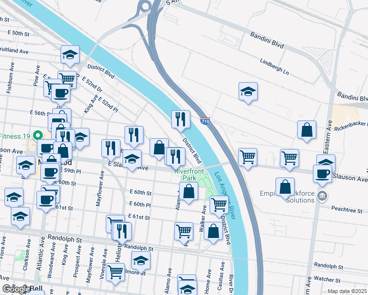 map of restaurants, bars, coffee shops, grocery stores, and more near 4961 East 52nd Place in Los Angeles