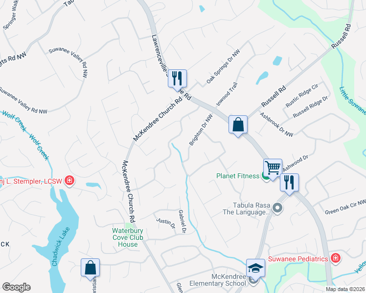 map of restaurants, bars, coffee shops, grocery stores, and more near 711 Brighton Drive Northwest in Lawrenceville