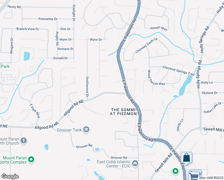 map of restaurants, bars, coffee shops, grocery stores, and more near 2106 Allgood Road Northeast in Marietta