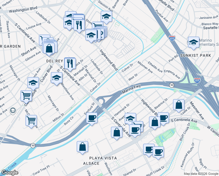 map of restaurants, bars, coffee shops, grocery stores, and more near 5118 Randall Street in Culver City