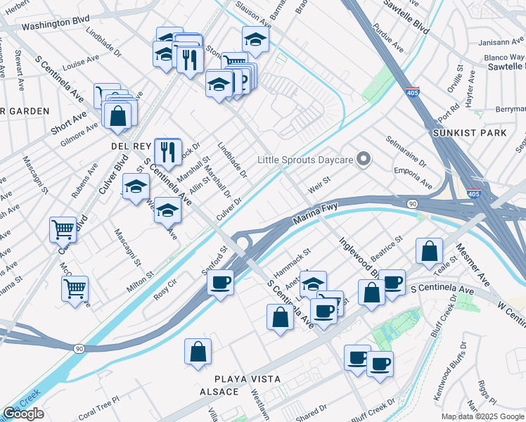 map of restaurants, bars, coffee shops, grocery stores, and more near 5118 Randall Street in Culver City
