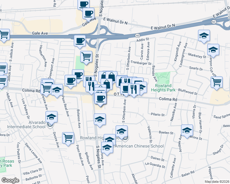 map of restaurants, bars, coffee shops, grocery stores, and more near 19115 Colima Road in La Puente