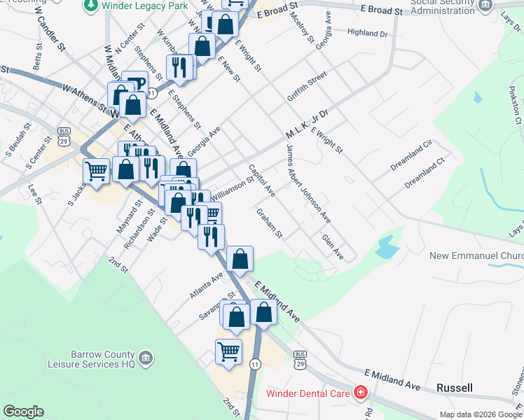 map of restaurants, bars, coffee shops, grocery stores, and more near 194 Graham Street in Winder