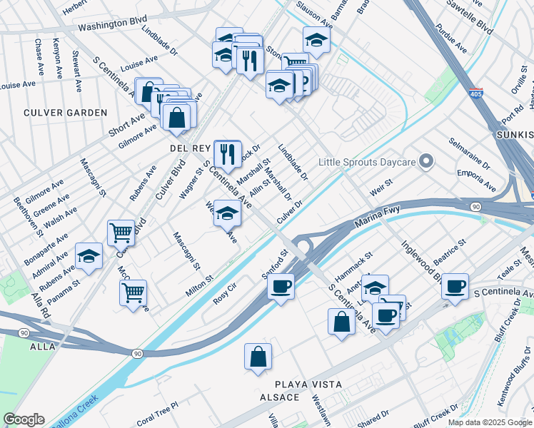 map of restaurants, bars, coffee shops, grocery stores, and more near 4962 South Centinela Avenue in Los Angeles