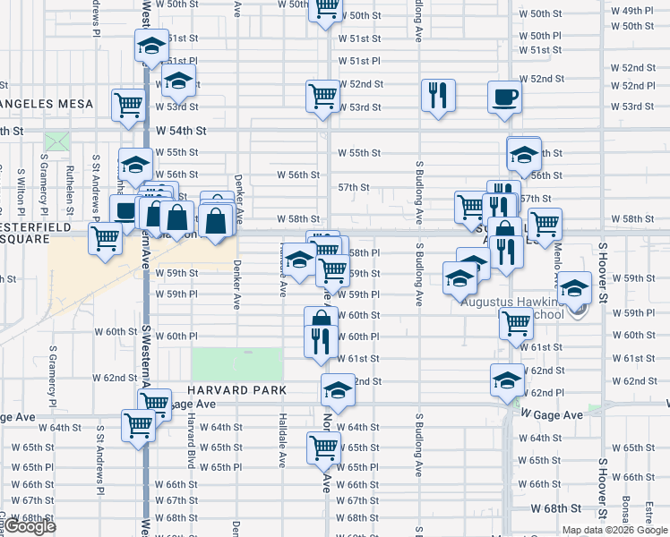 map of restaurants, bars, coffee shops, grocery stores, and more near 1353 West 59th Street in Los Angeles