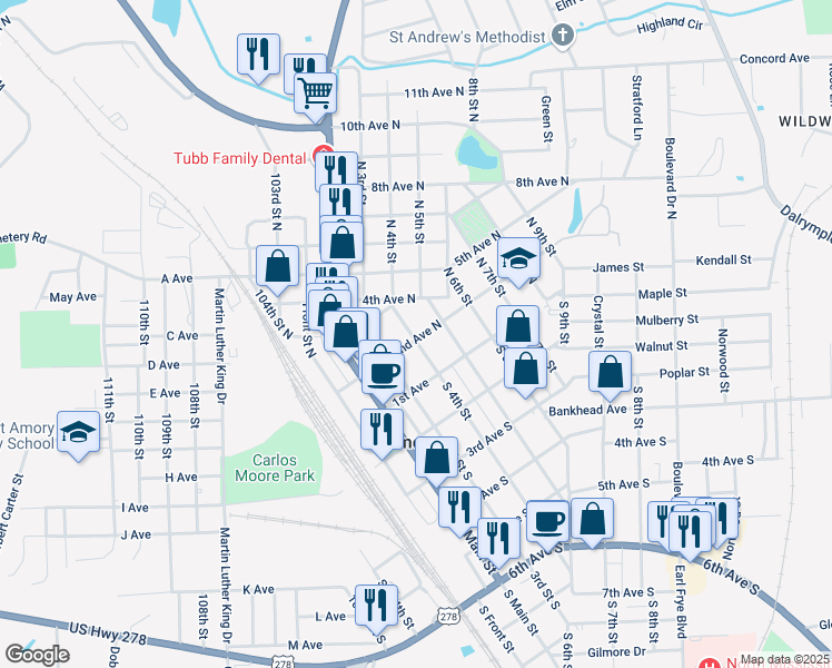 map of restaurants, bars, coffee shops, grocery stores, and more near 210 South 4th Street in Amory