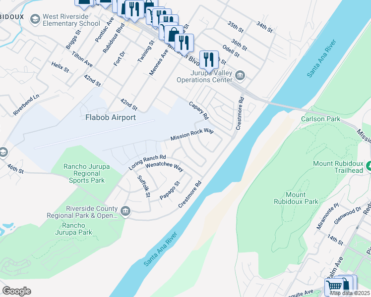 map of restaurants, bars, coffee shops, grocery stores, and more near 5193 Sierra Cross Way in Riverside
