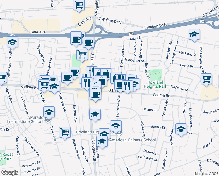 map of restaurants, bars, coffee shops, grocery stores, and more near 19071 Colima Road in Rowland Heights