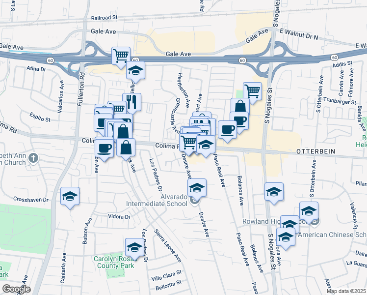 map of restaurants, bars, coffee shops, grocery stores, and more near 1675 Avenue A in Rowland Heights