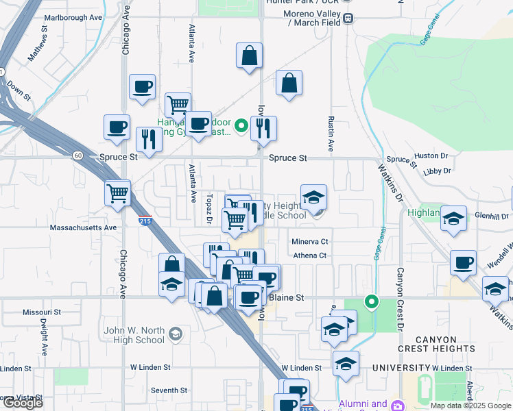 map of restaurants, bars, coffee shops, grocery stores, and more near in Riverside