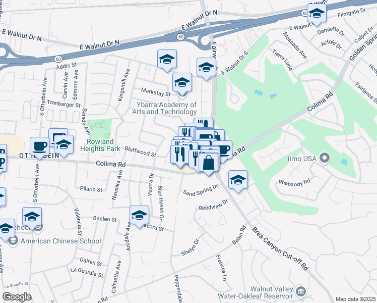 map of restaurants, bars, coffee shops, grocery stores, and more near 1515 Brea Canyon Cut-off Road in Walnut