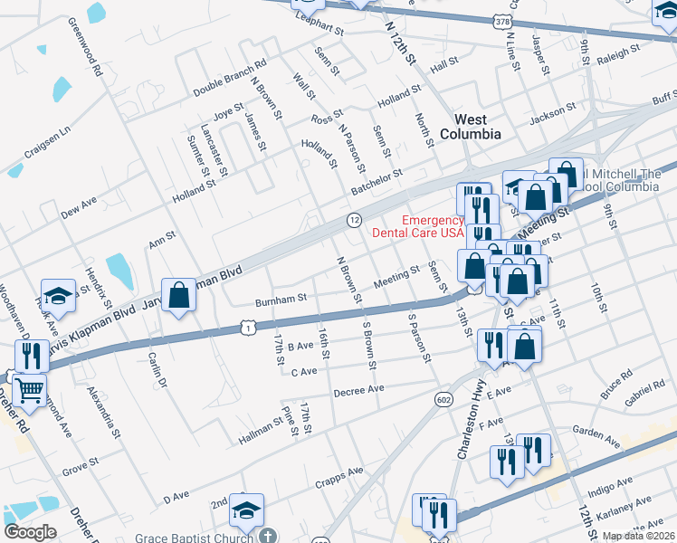 map of restaurants, bars, coffee shops, grocery stores, and more near 213 North Brown Street in West Columbia