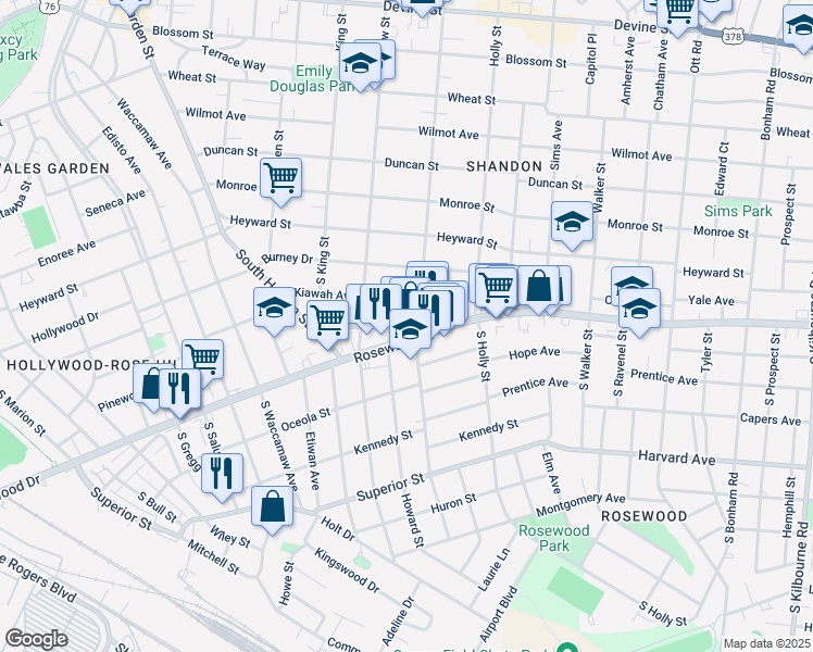 map of restaurants, bars, coffee shops, grocery stores, and more near 2744 Kiawah Avenue in Columbia