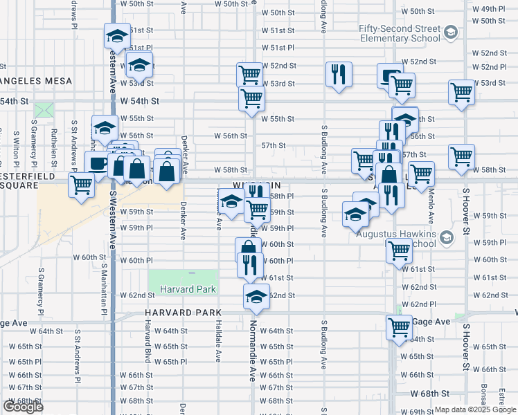 map of restaurants, bars, coffee shops, grocery stores, and more near 1353 West 59th Street in Los Angeles
