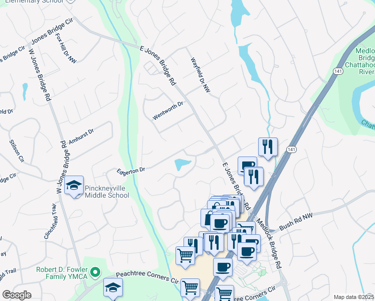 map of restaurants, bars, coffee shops, grocery stores, and more near 5170 Edgerton Drive Northwest in Norcross