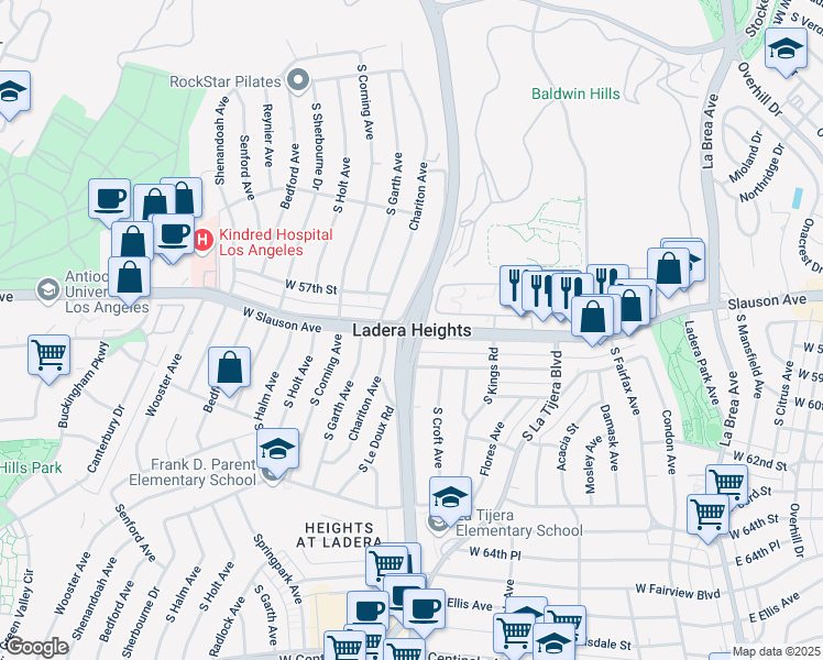 map of restaurants, bars, coffee shops, grocery stores, and more near in Ladera Heights