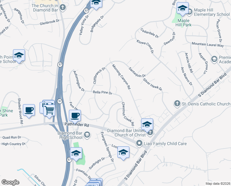 map of restaurants, bars, coffee shops, grocery stores, and more near 1818 Leaning Pine Drive in Diamond Bar