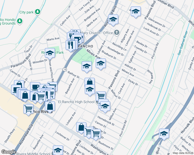 map of restaurants, bars, coffee shops, grocery stores, and more near 9217 Coolhurst Drive in Pico Rivera