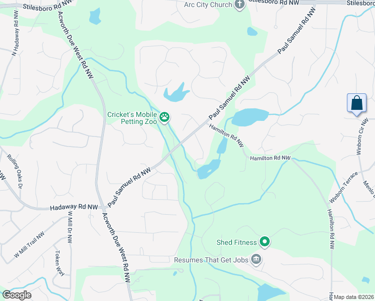 map of restaurants, bars, coffee shops, grocery stores, and more near 3853 Paul Samuel Road Northwest in Kennesaw