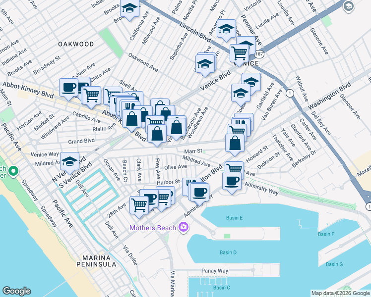 map of restaurants, bars, coffee shops, grocery stores, and more near 2339 Abbot Kinney Boulevard in Los Angeles
