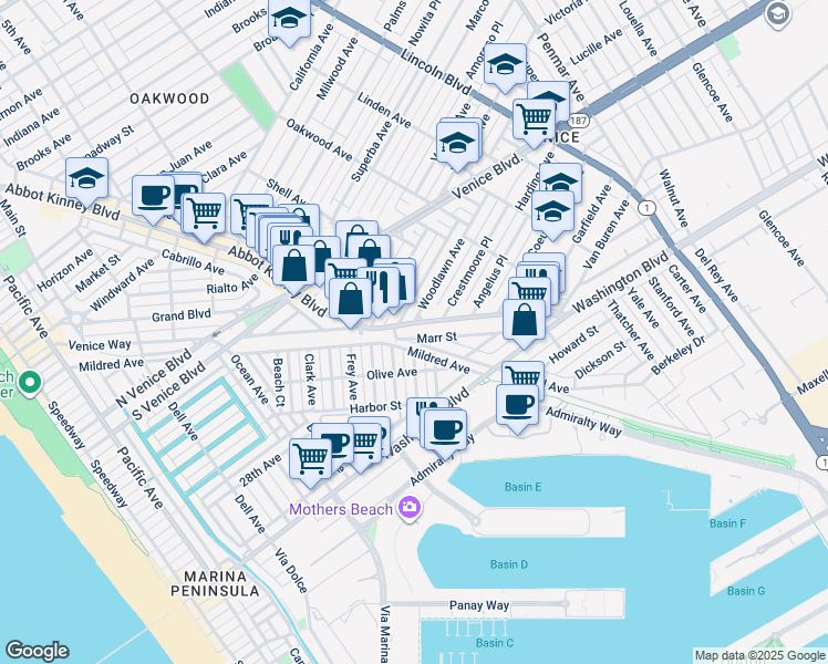 map of restaurants, bars, coffee shops, grocery stores, and more near 2339 Abbot Kinney Boulevard in Los Angeles